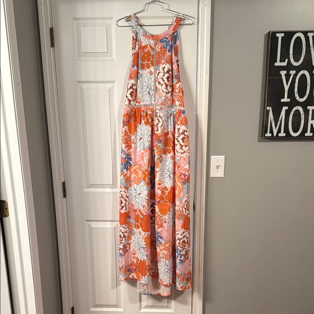 Floral Sleeveless Maxi Dress - Orange and White